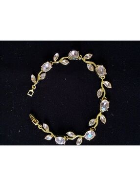 14K Gold Plated Leaf Vine Bracelet Marquise CZ Crystal Link Chain 7.5